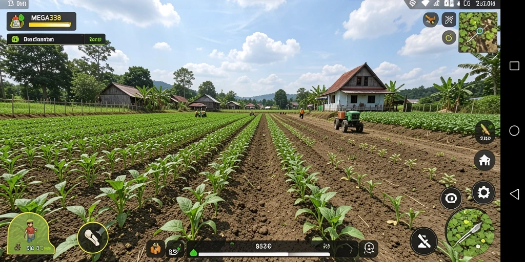 Tampilan gameplay MEGA338 yang menarik dengan ladang berwarna-warni.