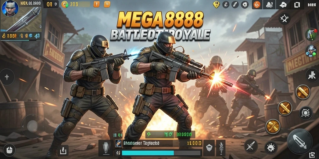 Screenshot gameplay MEGA888 menunjukkan pertarungan seru di arena Battle Royale.