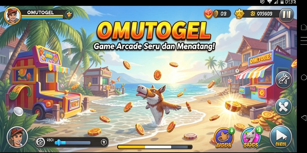 Screenshot menampilkan gameplay dinamis dan penuh warna dari OMUTOGEL.