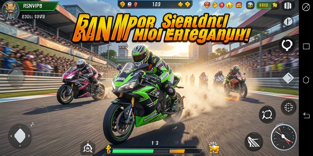 Screenshot utama RSNVIP8 menampilkan aksi balapan motor yang mendebarkan.
