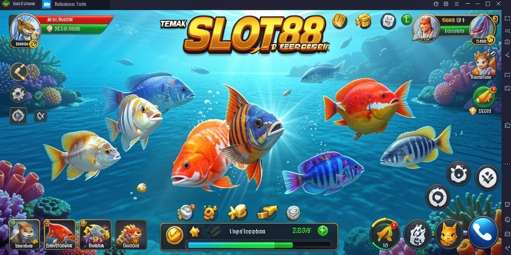 Screenshot dari gameplay SLOT88 yang menampilkan aksi menembak ikan.
